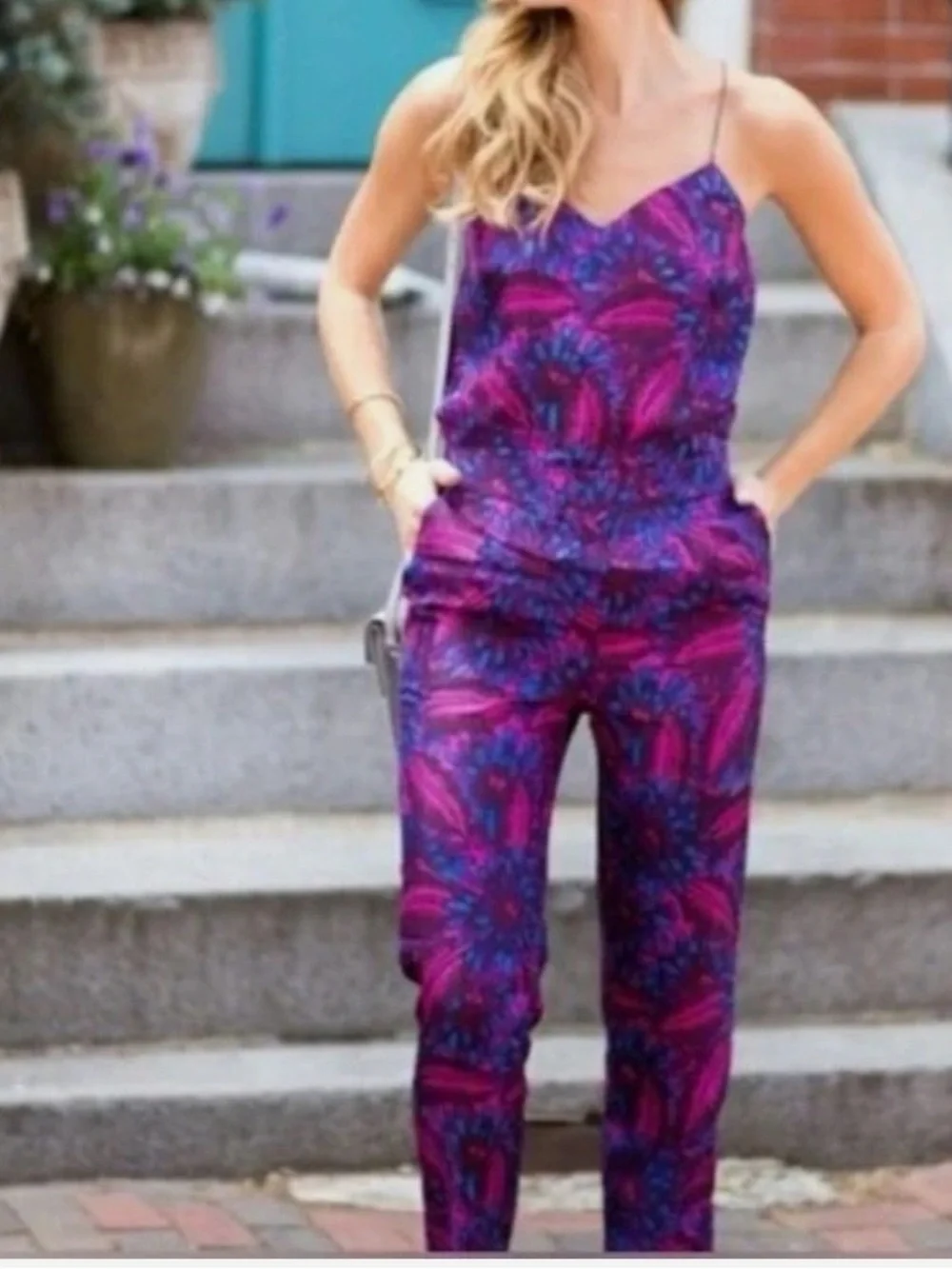 J.Crew Bright Dahlia Floral 100% Silk Strappy Jumpsuit with Pockets Size 6